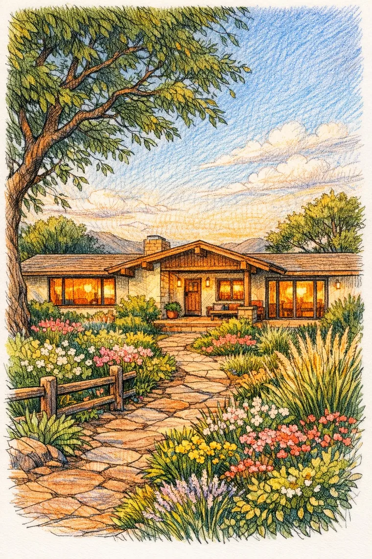 A Ranch house coloring page, colored in