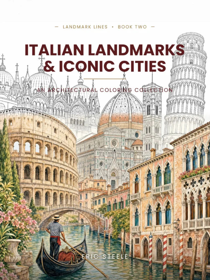 Italian Landmarks & Iconic Cities coloring book cover — Lines of Steele